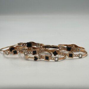 Black Enamel Bangle Bracelet Lot Rose Gold Tone Clover Heart Square Hinged